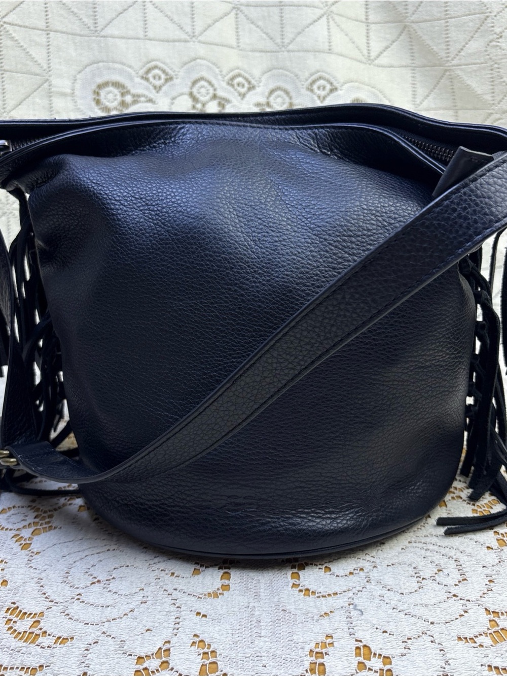 UGG Lea Black Pebbled Leather Fringe Hobo Shoulder Bag